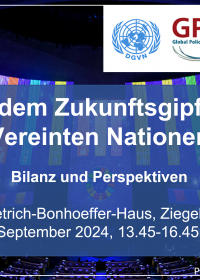 Cover zum Fachgespräch SOTF 09/2024 Berlin. Im Hintergrund der Plenarsaal der UN im Vordergrund Logos der veranstaltenden Organisationen und Titel des Fachgesprächs