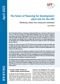 Cover of GPF briefing in corporate design with logo and titled "The future of financing for development: what role for the UN?