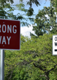The photograph shows two street signs. The first streetsign is in the image's centre and says 'wrong way'. In the background one can spot another sign saying 'one way'