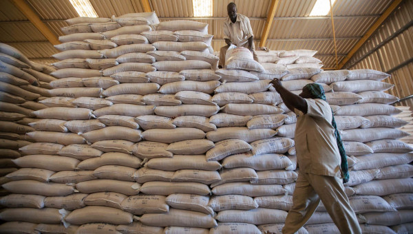 9 February 2014. El Fasher: World Food Programme (WFP) staff members load bags of split yellow peas into a truck in a WFP warehouse based in El Fasher, North Darfur, to deliver in camps for displaced people (IDP) in Shangil Tobaya, North Darfur. 