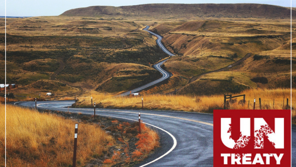 Bild mit Straße durch Hügellandschaft und Logo mit Aufschrift UN Treaty.