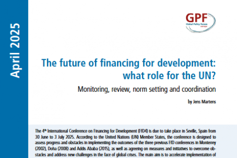 Cover of GPF briefing in corporate design with logo and titled "The future of financing for development: what role for the UN?