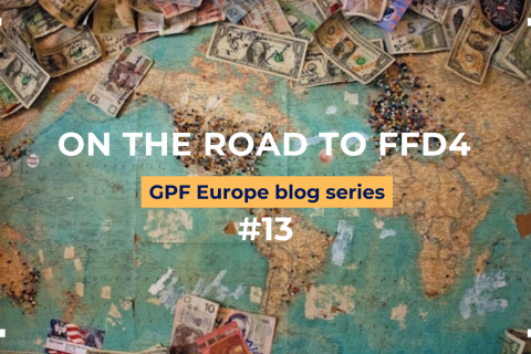 World map with money bills pinned to it and the title "On the road to FfD4 - GPF Europe blog series number 13"